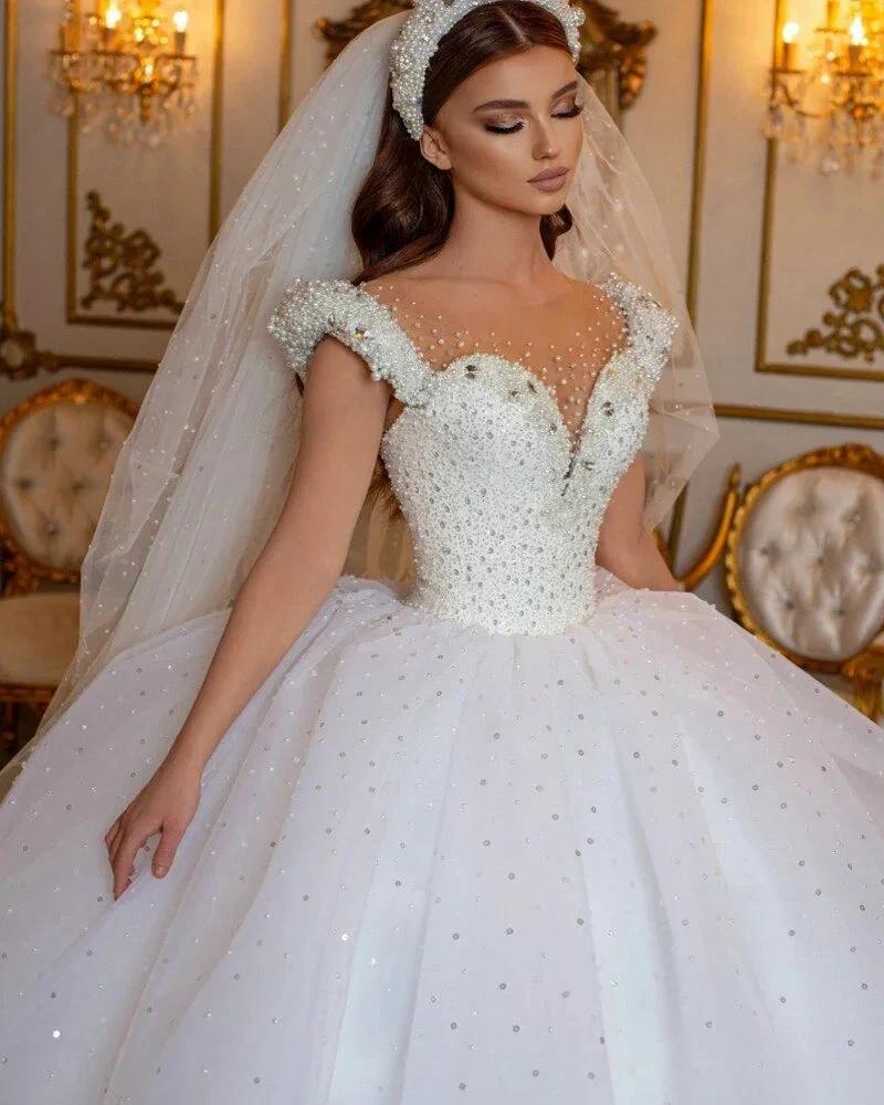 Glamorous Long Princess Off the Shoulder Beading Pearl Tulle Wedding Dress - Image 4