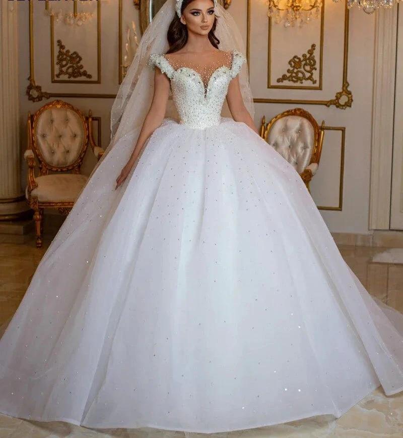 Glamorous Long Princess Off the Shoulder Beading Pearl Tulle Wedding Dress - Image 5