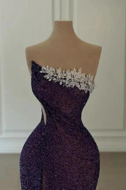Glamorous Long Purple Strapless Sequined Beading Prom Dress with Slit - Image 2