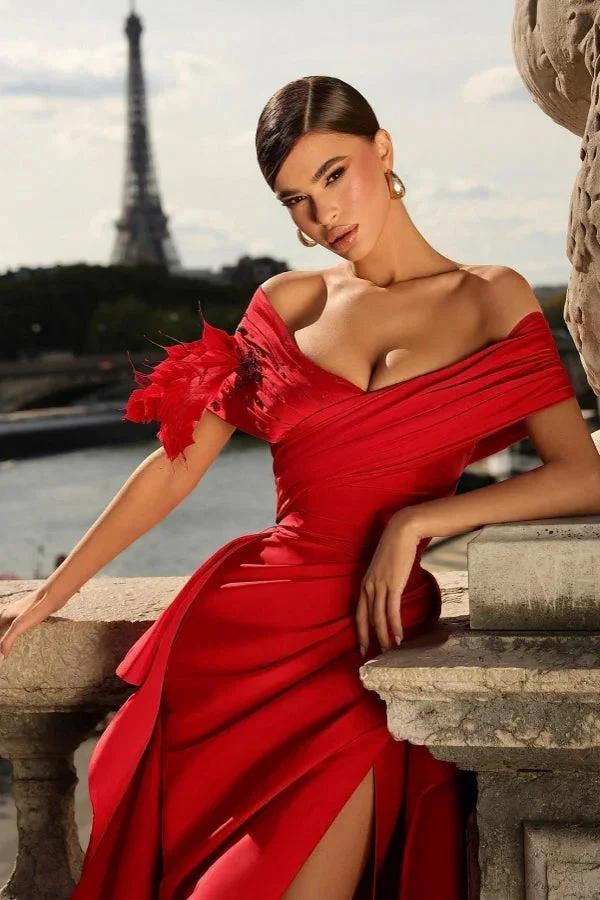 Glamorous Long Red A-line Off-the-shoulder Ruffles Prom Dress with Slit - Image 2