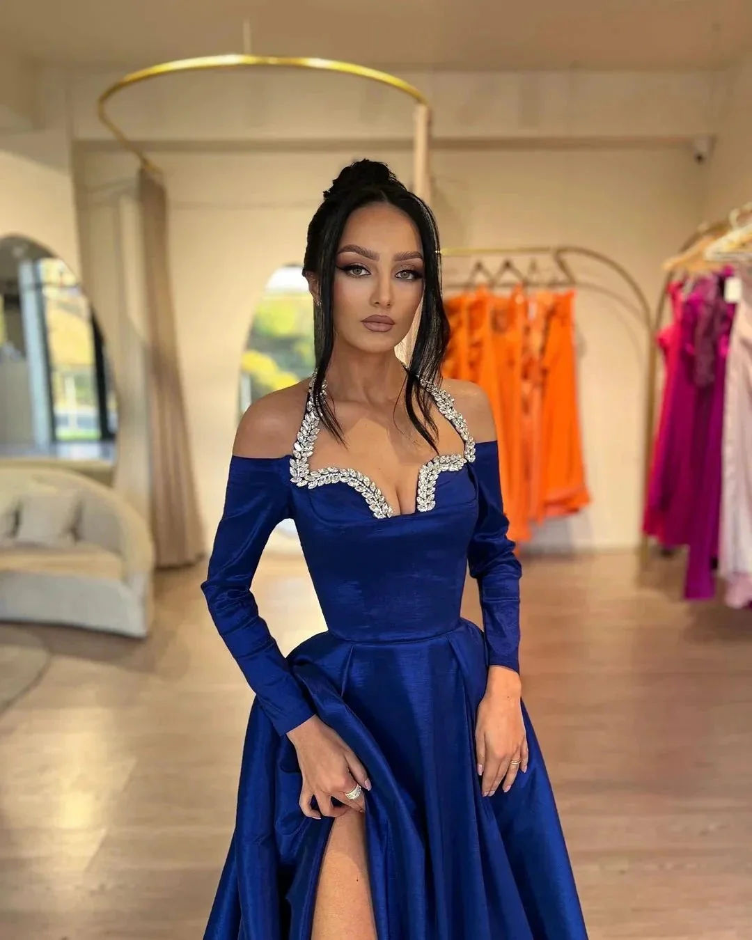 Glamorous Long Royal Blue A-line Halter Long Sleeves Rhinestones Prom Dress With Slit - Image 2