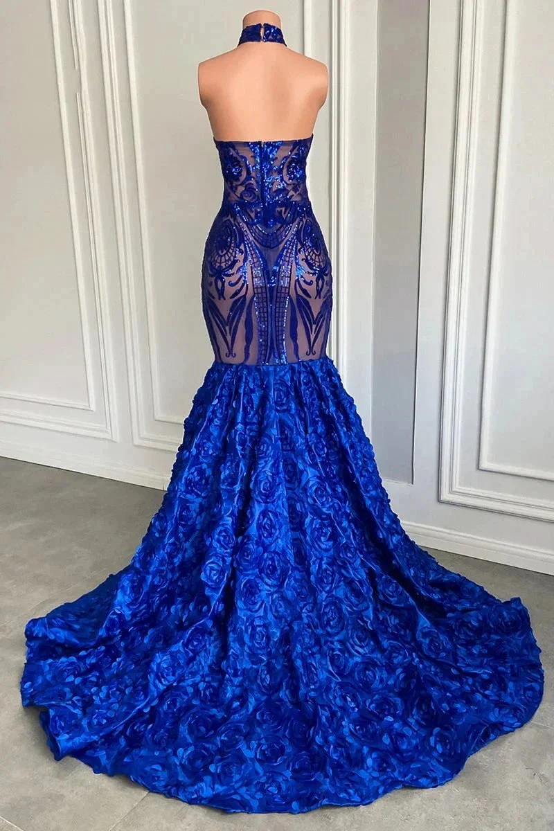Glamorous Long Royal Blue Halter Lace Flowers Sleeveless Mermaid Prom Dress - Image 2