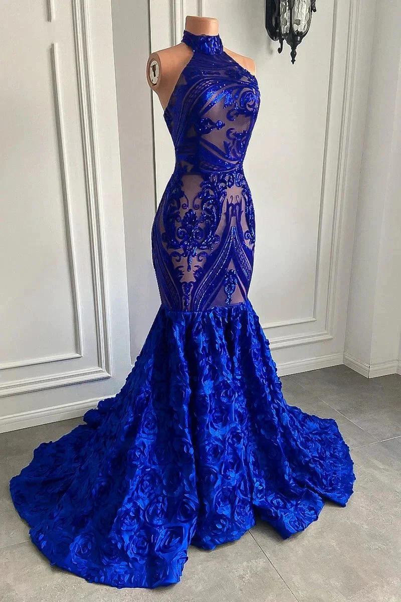 Glamorous Long Royal Blue Halter Lace Flowers Sleeveless Mermaid Prom Dress - Image 3