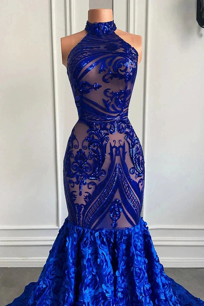Glamorous Long Royal Blue Halter Lace Flowers Sleeveless Mermaid Prom Dress - Image 4