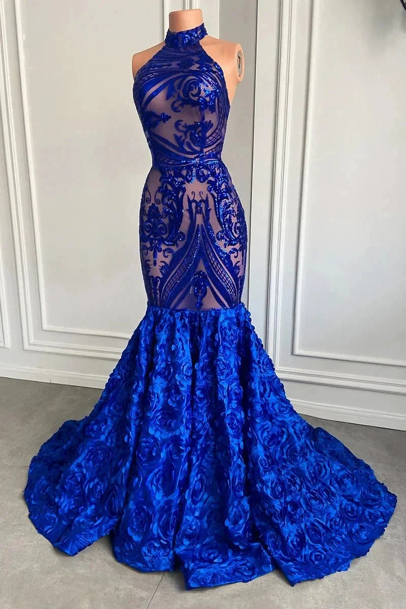 Glamorous Long Royal Blue Halter Lace Flowers Sleeveless Mermaid Prom Dress - Image 5