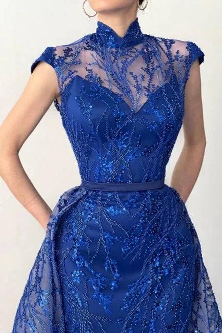 Glamorous Long Royal Blue High Neck Lace Sleeveless Prom Dress With Detachable Train - Image 2