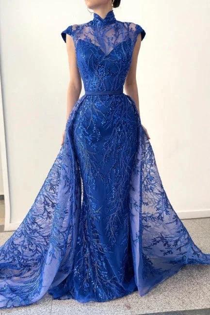 Glamorous Long Royal Blue High Neck Lace Sleeveless Prom Dress With Detachable Train - Image 3