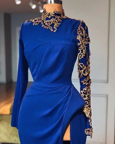 Glamorous Long Royal Blue High Neck Long Sleeves Lace Prom Dress With Slit - Image 2
