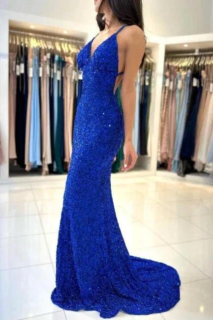 Glamorous Long Royal Blue V-neck Spaghetti Straps Glitter Sleeveless Evening Dresses - Image 4