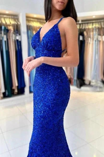 Glamorous Long Royal Blue V-neck Spaghetti Straps Glitter Sleeveless Evening Dresses - Image 5