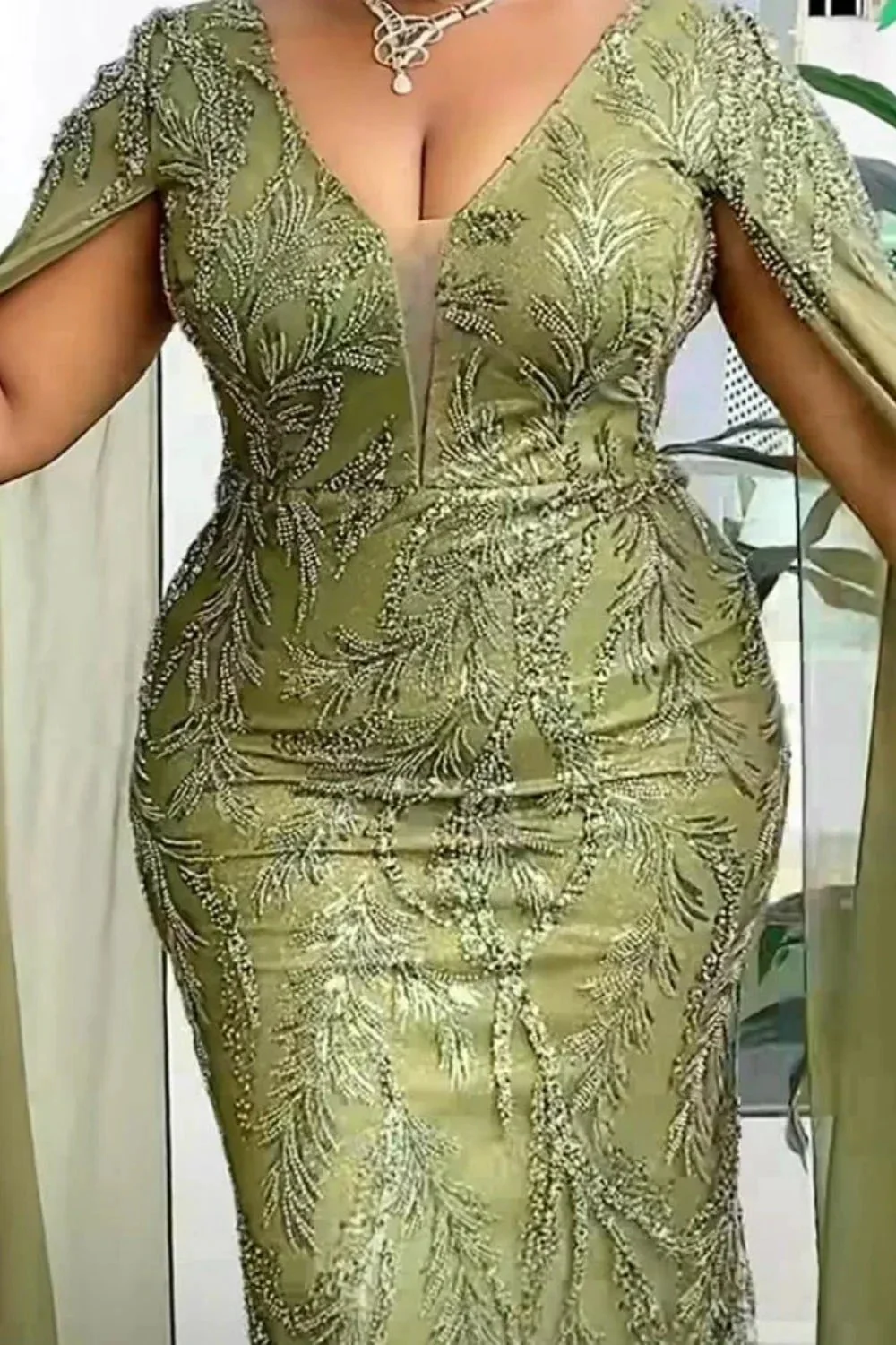 Glamorous Long Sage V-neck Mermaid Lace Beading Evening Dress - Image 3