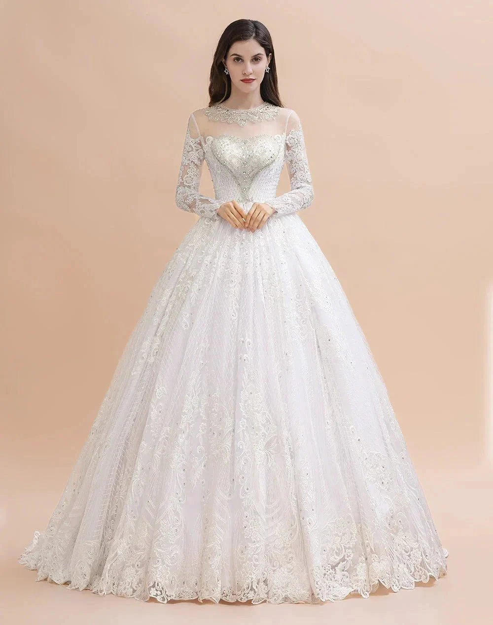 Glamorous Long Sleeve Beads White/Ivory Lace Appliques Wedding Dress - Image 2