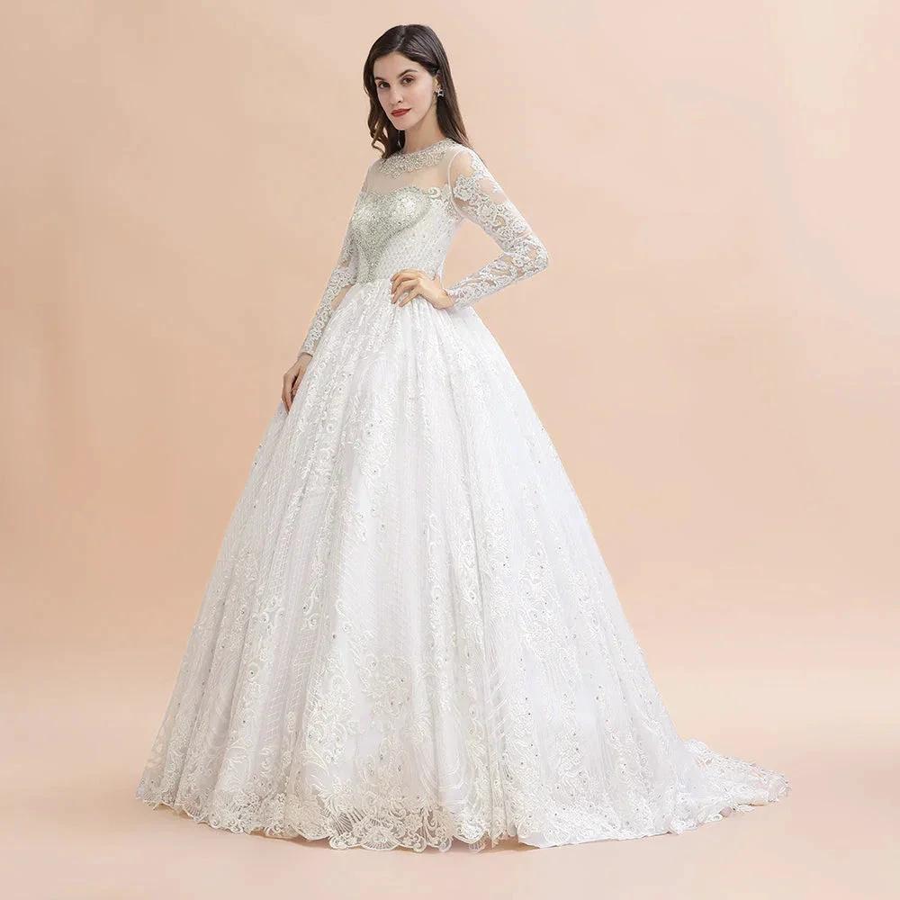 Glamorous Long Sleeve Beads White/Ivory Lace Appliques Wedding Dress - Image 3
