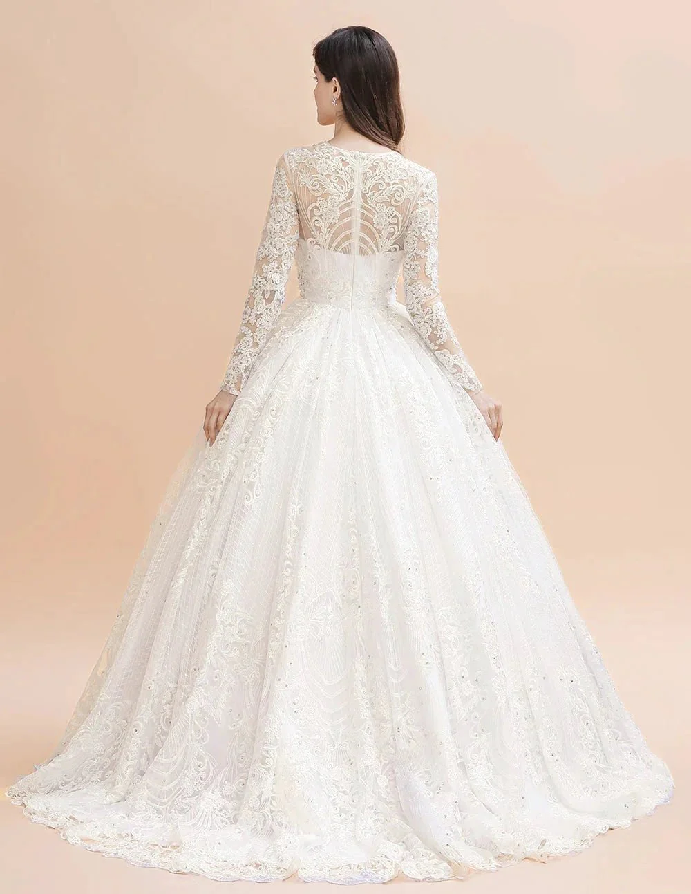 Glamorous Long Sleeve Beads White/Ivory Lace Appliques Wedding Dress - Image 4