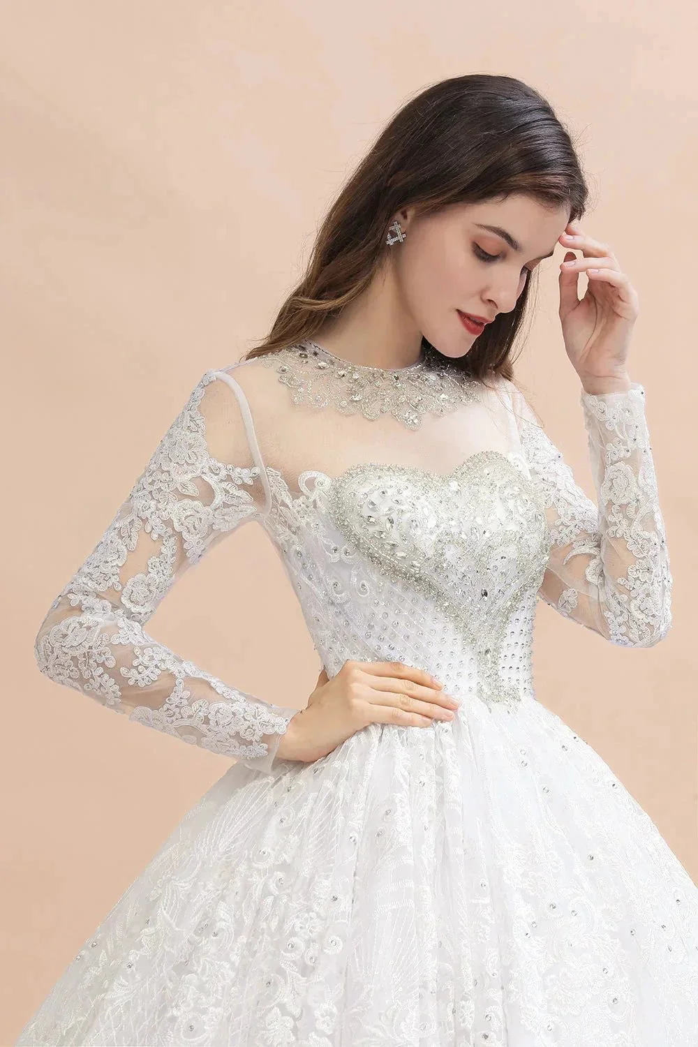 Glamorous Long Sleeve Beads White/Ivory Lace Appliques Wedding Dress - Image 5