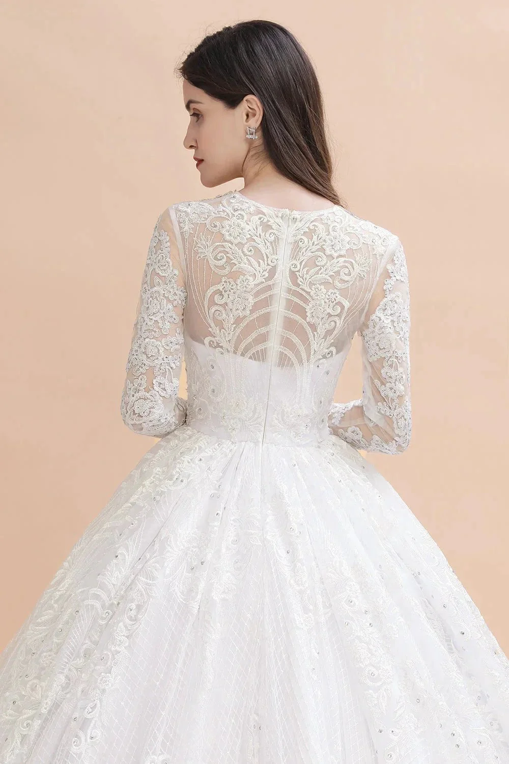 Glamorous Long Sleeve Beads White/Ivory Lace Appliques Wedding Dress - Image 6