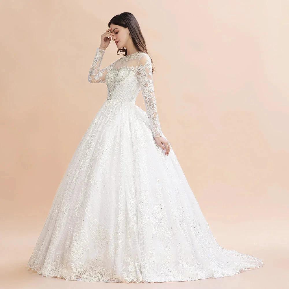 Glamorous Long Sleeve Beads White/Ivory Lace Appliques Wedding Dress - Image 7
