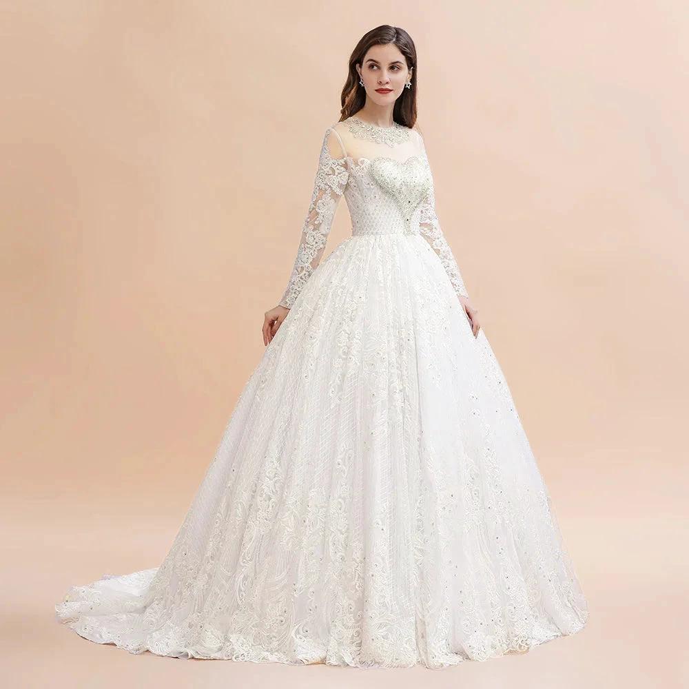 Glamorous Long Sleeve Beads White/Ivory Lace Appliques Wedding Dress - Image 8
