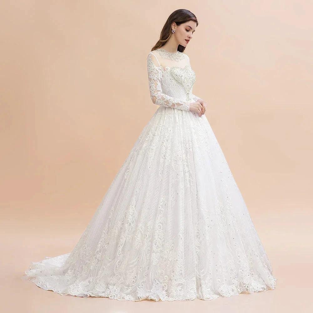 Glamorous Long Sleeve Beads White/Ivory Lace Appliques Wedding Dress - Image 9
