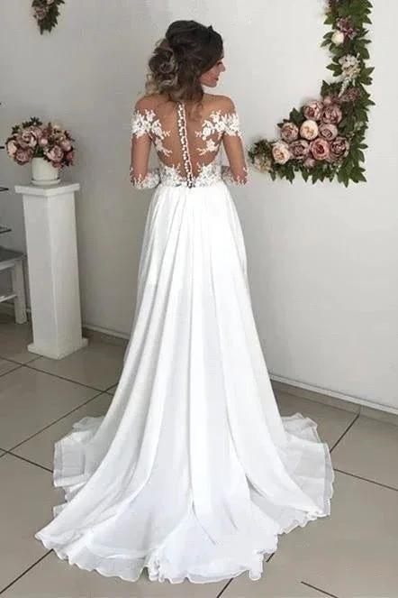 Glamorous Long Sleeve Lace Wedding Dresses | Chiffon Bridal Gowns With Slit - Image 2
