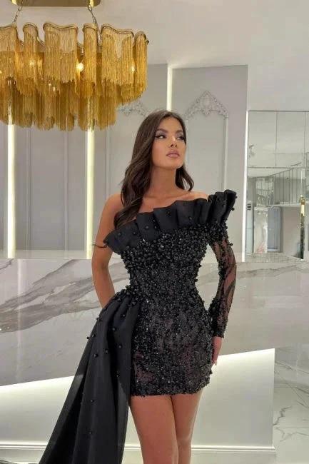 Glamorous long sleeve strapless column hardnet Evening Dress with ruffles - Image 3