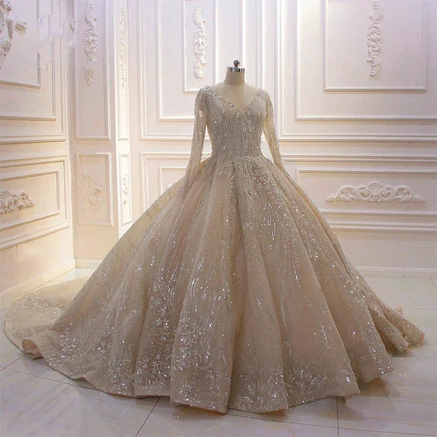 Glamorous Long Sleeve V-neck Sequin Beading Ball Gown Wedding Dress - Image 2