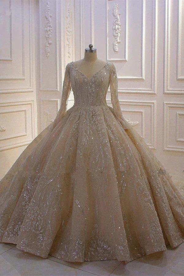 Glamorous Long Sleeve V-neck Sequin Beading Ball Gown Wedding Dress - Image 3