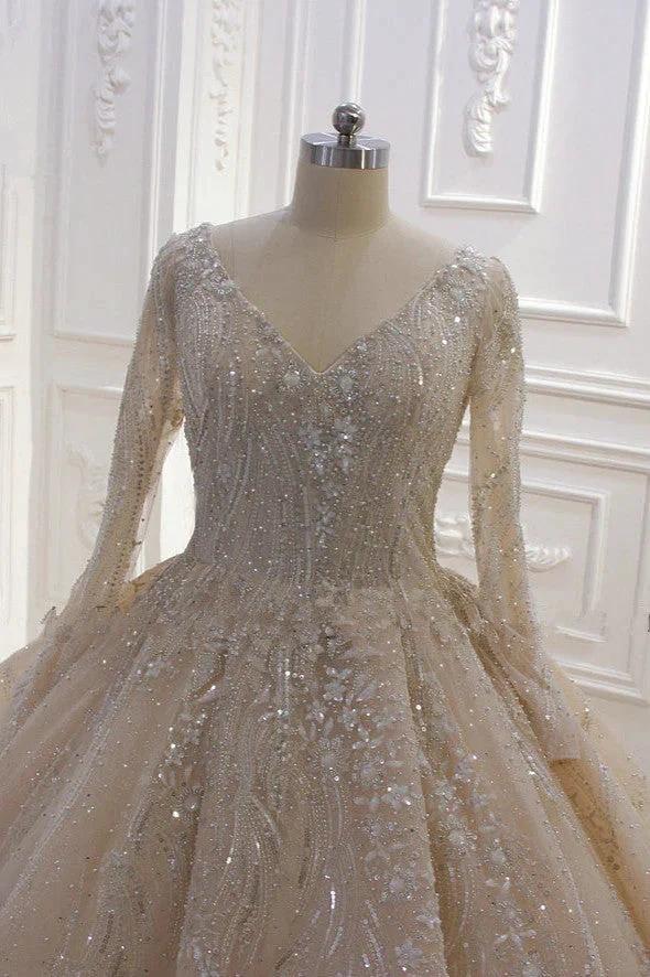 Glamorous Long Sleeve V-neck Sequin Beading Ball Gown Wedding Dress - Image 4