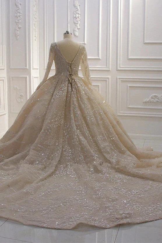 Glamorous Long Sleeve V-neck Sequin Beading Ball Gown Wedding Dress - Image 5