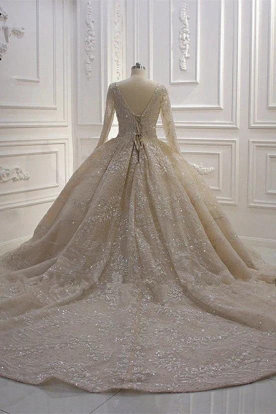 Glamorous Long Sleeve V-neck Sequin Beading Ball Gown Wedding Dress - Image 6