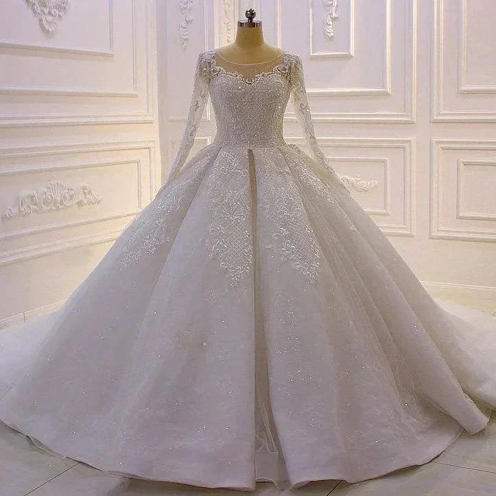 Glamorous Long Sleeves A-line Princess Satin Wedding Dress With Lace - Image 2