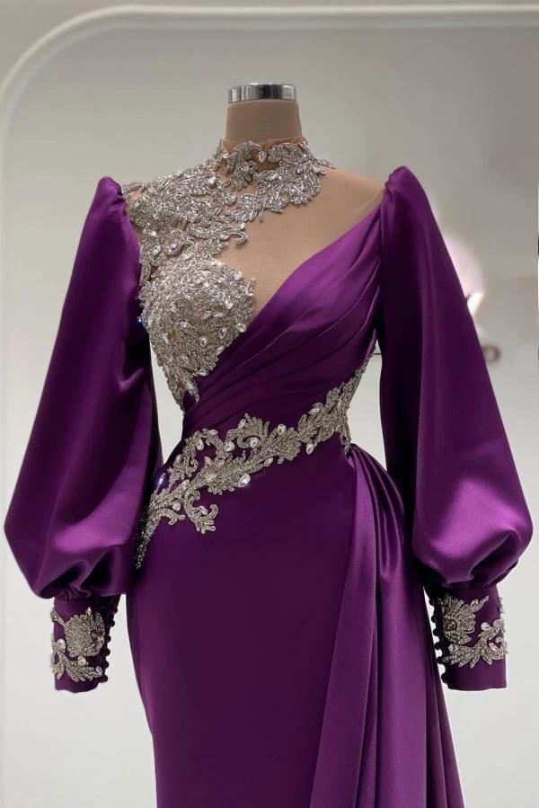 Glamorous Long Sleeves High Neck Satin Mermaid Prom Dresses - Image 2