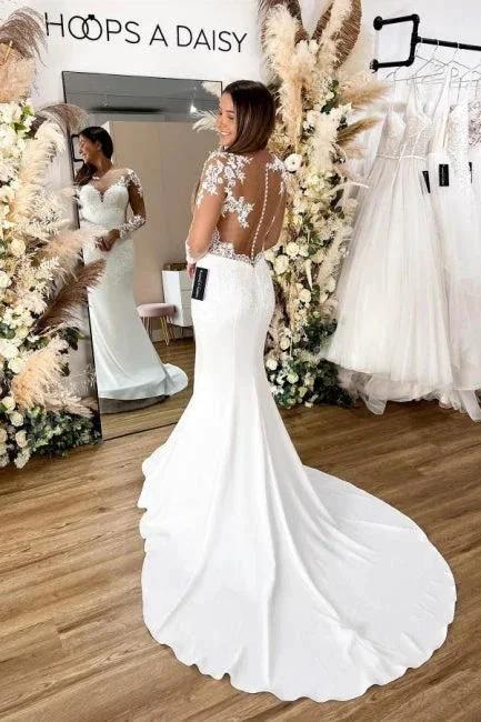 Glamorous Long Sleeves Hollow Back Floral Lace Mermaid Wedding Dress - Image 2