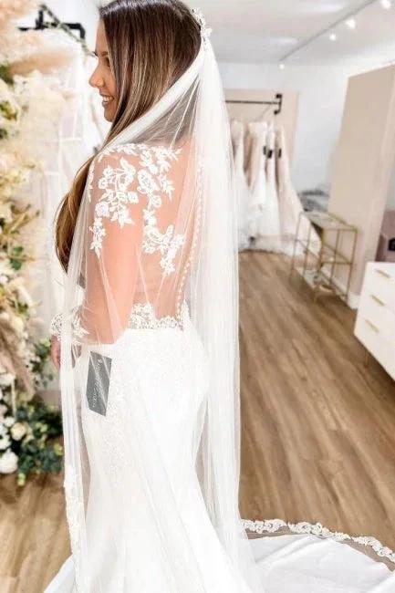 Glamorous Long Sleeves Hollow Back Floral Lace Mermaid Wedding Dress - Image 3