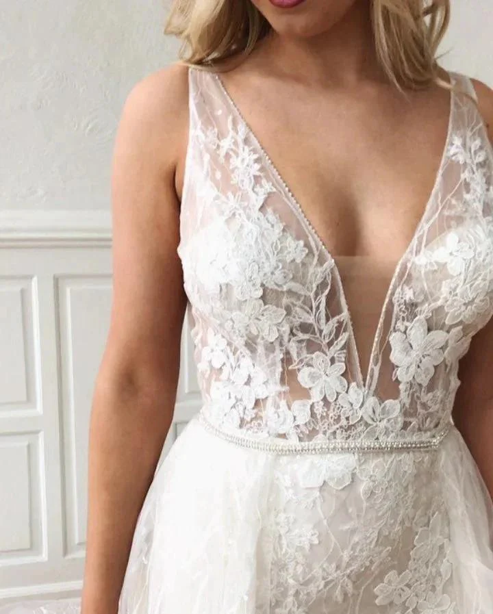 Glamorous Long Straps V-Neck Lace Mermaid Detachable Wedding Dresses - Image 3