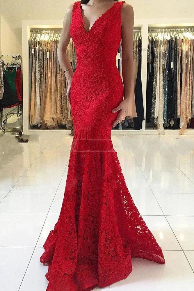 Glamorous Long V-neck Lace Mermaid Red Prom Dress - Image 2