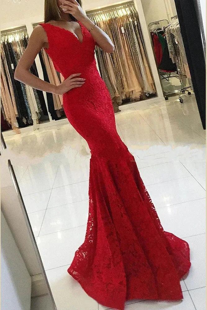 Glamorous Long V-neck Lace Mermaid Red Prom Dress - Image 3