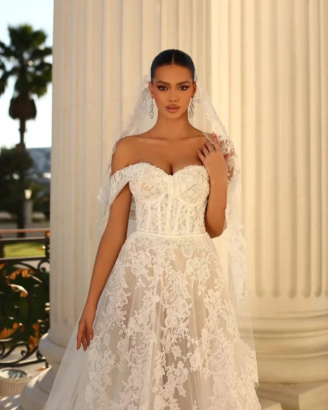 Glamorous Long White A-line Off-the-shoulder Lace Wedding Dress - Image 3