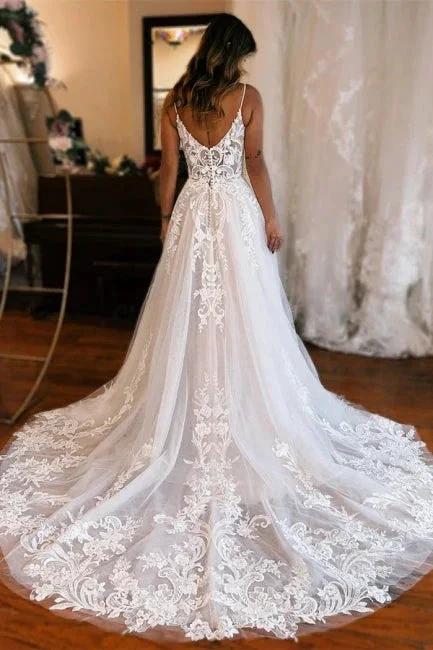 Glamorous Long White A-line Spaghetti Straps Lace Sleeveless Wedding dresses With Slit - Image 2