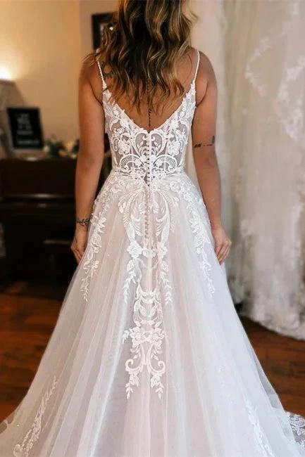 Glamorous Long White A-line Spaghetti Straps Lace Sleeveless Wedding dresses With Slit - Image 3