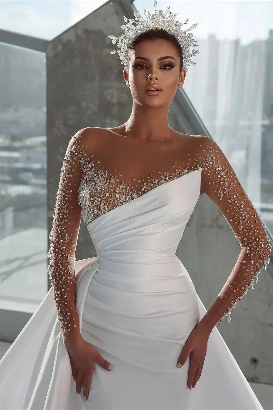 Glamorous Long White Long Sleeves Satin Crystal Wedding Dress With Detachable Train - Image 2