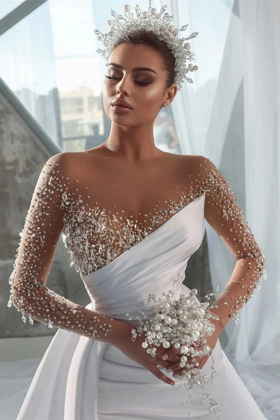 Glamorous Long White Long Sleeves Satin Crystal Wedding Dress With Detachable Train - Image 3