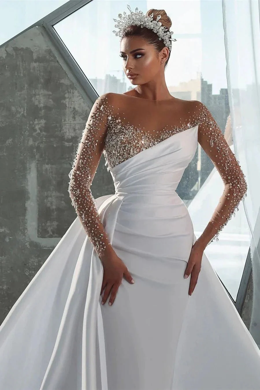 Glamorous Long White Long Sleeves Satin Crystal Wedding Dress With Detachable Train - Image 4