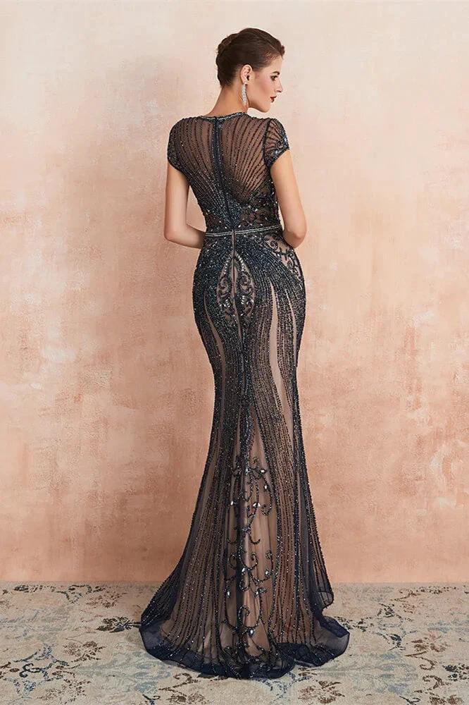 Glamorous Mermaid Beadings Long Prom Dress With Short Sleeves - Image 2
