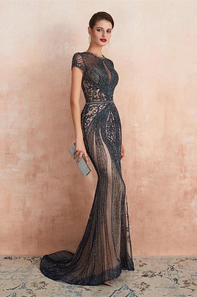 Glamorous Mermaid Beadings Long Prom Dress With Short Sleeves - Image 3