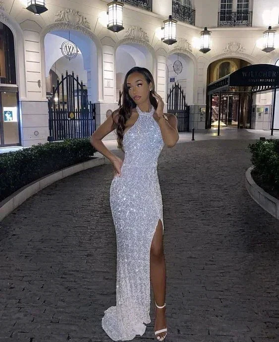 Glamorous Mermaid Halter White Sequin Long Prom Evening Dress with Split S24242 - Image 2