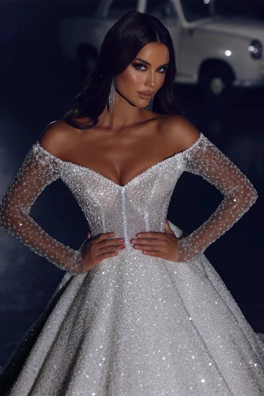 Glamorous Off-the-shoulder A-line Long Sleeves Lace Wedding Dress With Train - Image 2