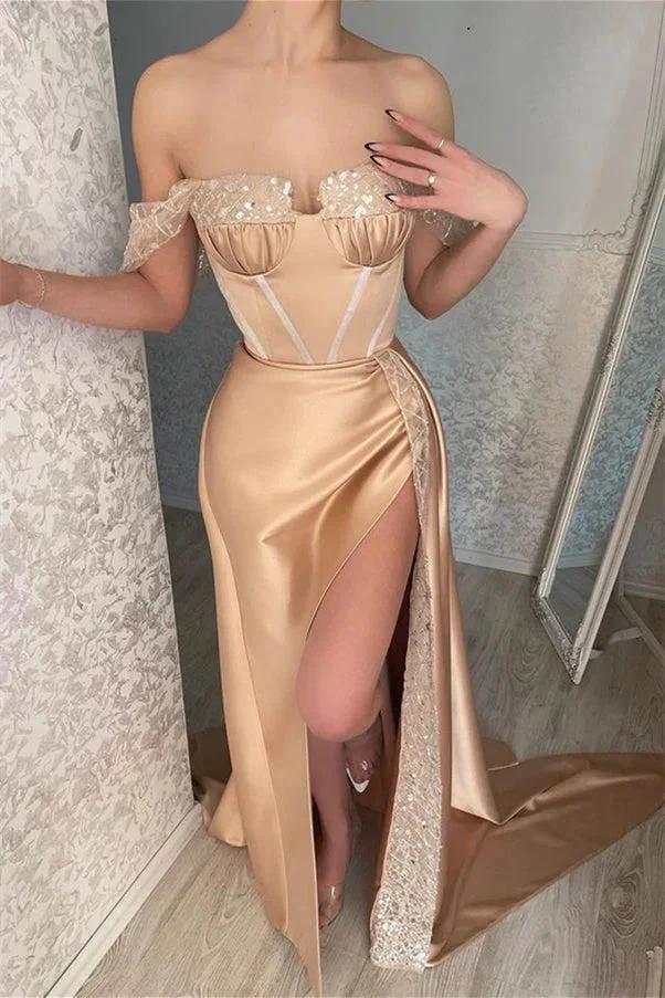 Glamorous Off-the-shoulder Sequined Sleeveless Mermaid Prom Dress With Slit - Image 3