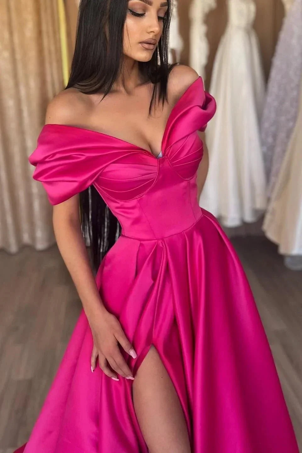Glamorous Off The Shoulder Split Ruffles A-Line Prom Dresses - Image 2
