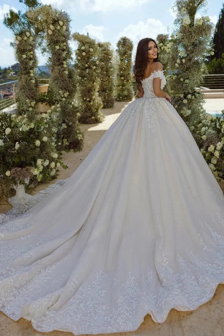 Glamorous Off-the-shoulder V-neck Appliques Lace A-line Wedding Dress - Image 2